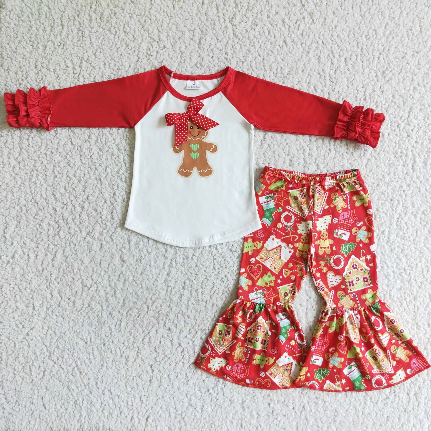 6 B10-37 girl raglan shirt sleeve and christams tree and gingerbread pattern bell pants set