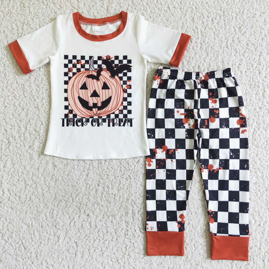 BSPO0028 halloween pumpkin print short sleeve shirt plaids elastic waist pants 2pieces set