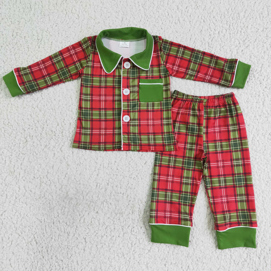 BLP0049 boy red and green plaids pajamas set kids long sleeve turn-down collar outfit