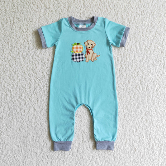 SR0069 baby boy blue cotton short sleeve romper for halloween infants pumpkin embroidery jumpsuit