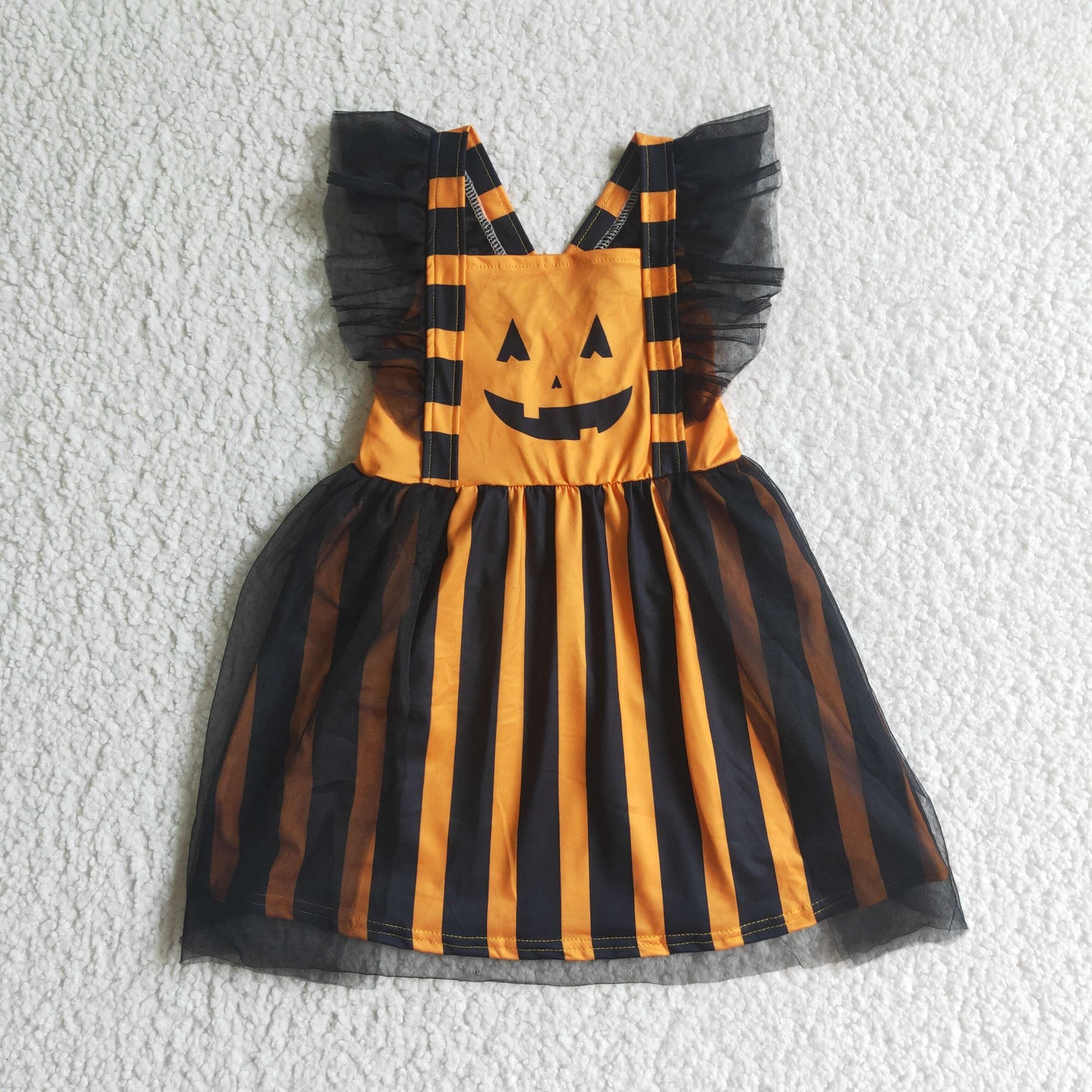 GSD0138 girl halloween black and orange stripes mesh frock