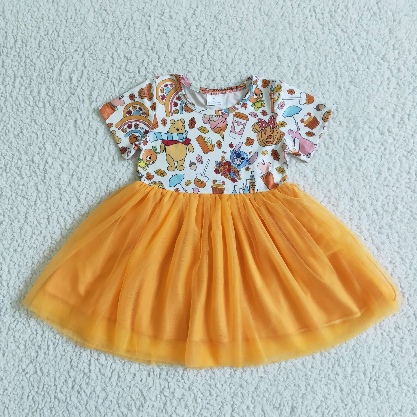 GSD0135 girl halloween short sleeve twirl dress pumpkin print yellow lace frock