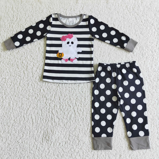 GLP0066 girl black long sleeve white polka dot halloween pajamas set