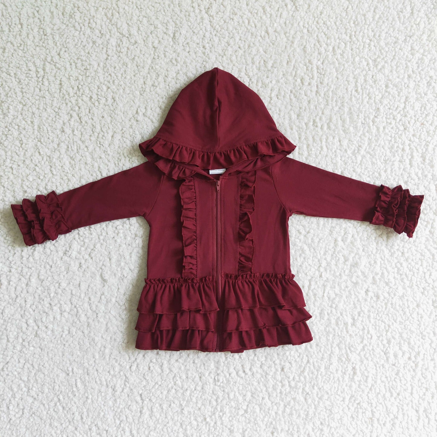 GT0014 girl solid color cotton zipper hooded jacket kids fall long sleeve ruffles outwear