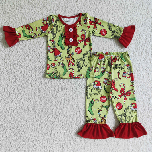 GLP0204 merry christmas girl long sleeve pajamas set with red ruffle