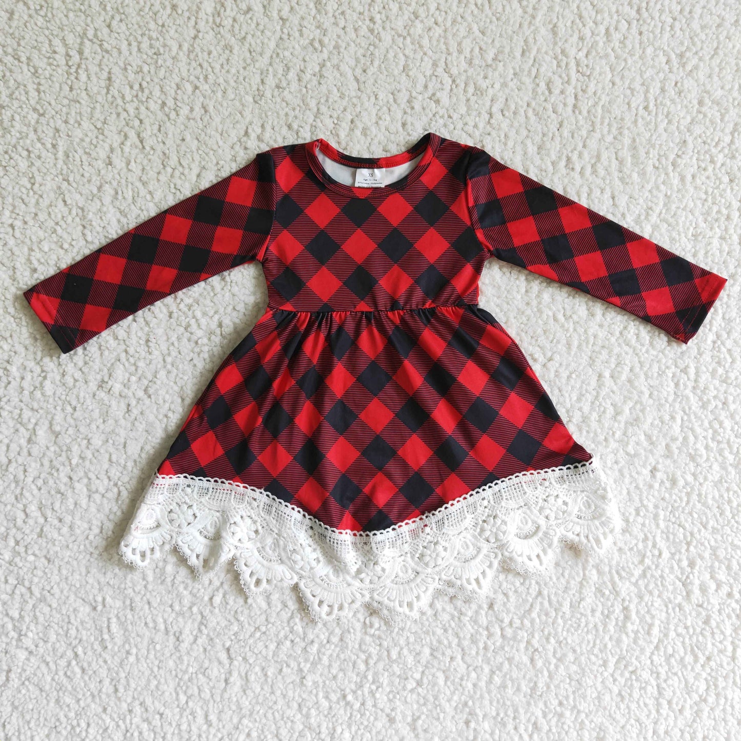 GLD0024 girl red and black plaid long sleeve frock kids fall twirl dress with lace