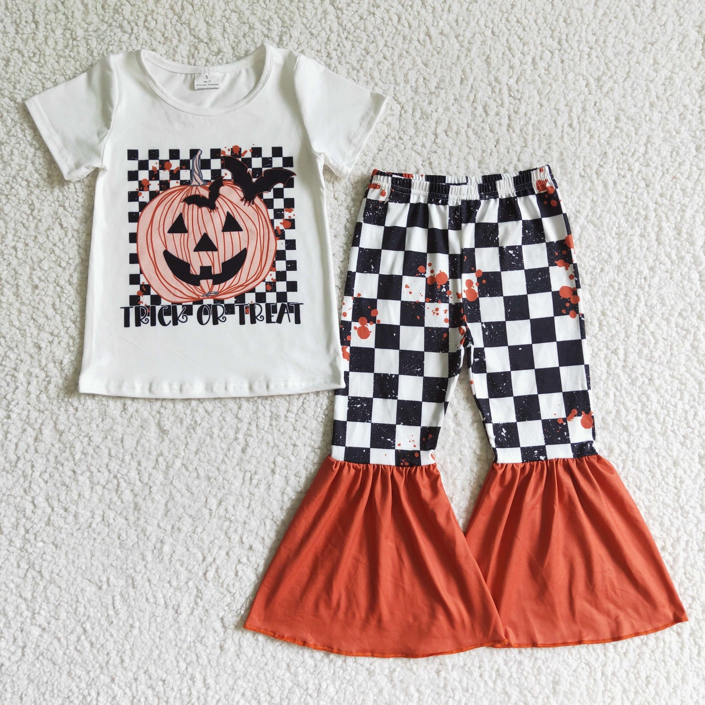 GSPO0168 girl halloween pumpkin top and plaid bell pants 2pieces set