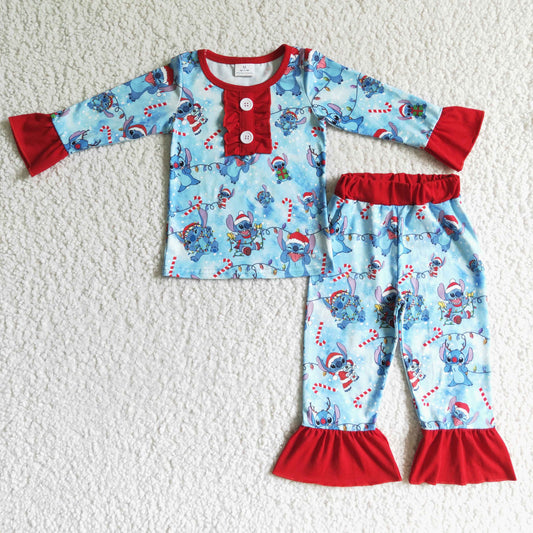 GLP0157girl christmas long sleeve top red elastic waist pants pajamas set