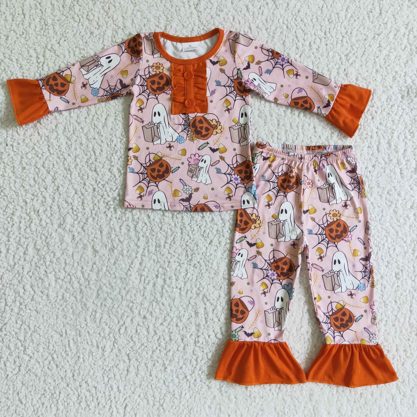 GLP0135 halloween girl long sleeve pajamas set kids pumpkin and flowers pattern outfit