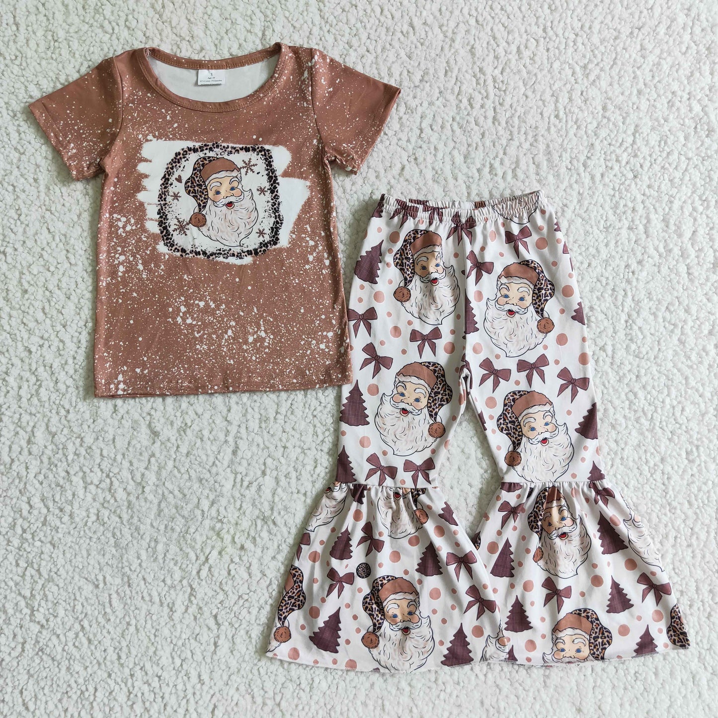 GSPO0181 christmas girl brown short sleeve top match santa print bell bottoms 2pieces set