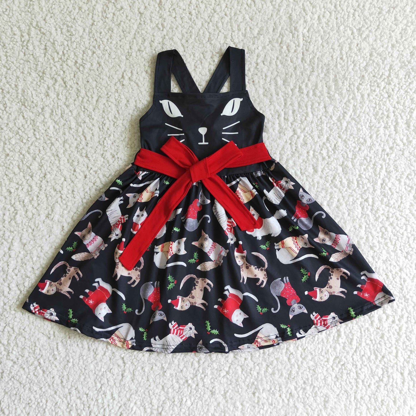 GSD0140 baby girls christmas cat pettern black twirl dress with red bow