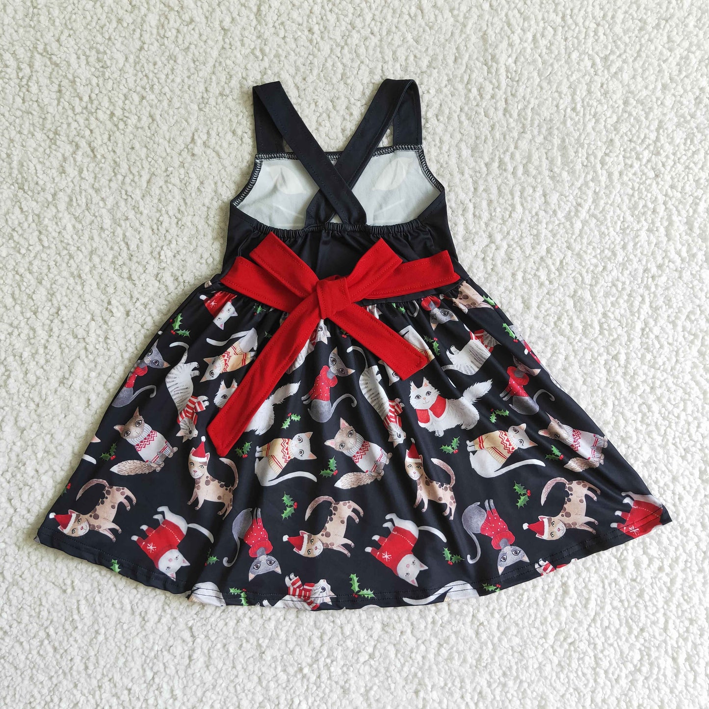 GSD0140 baby girls christmas cat pettern black twirl dress with red bow