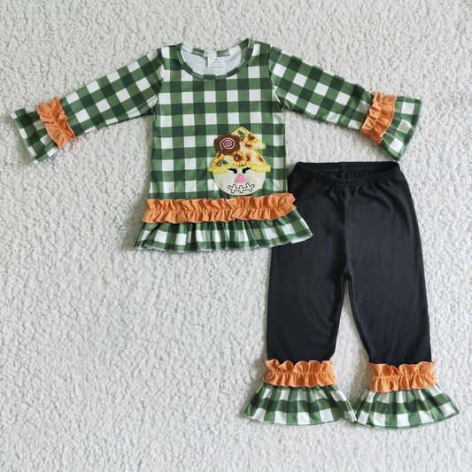 GLP0129 girl fall winter long sleeve plaid top black pants outfit with embroidery craft