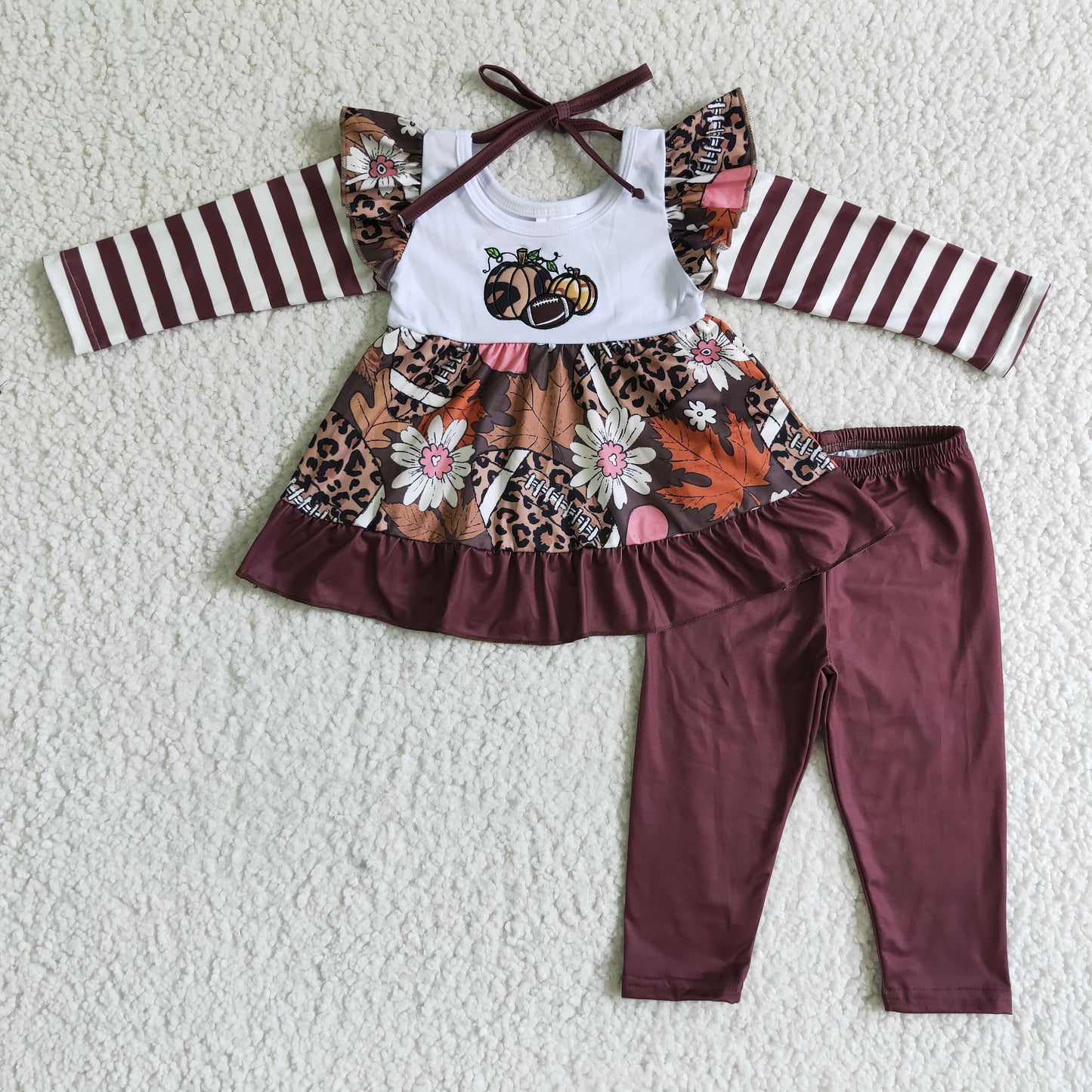 GLP0117 girl halloween pumpkin and flowers pattern top and brown leggings outfit