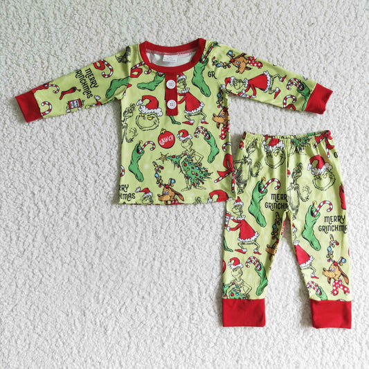 BLP0073 boy christmas tree and candy print long sleeve pajamas set