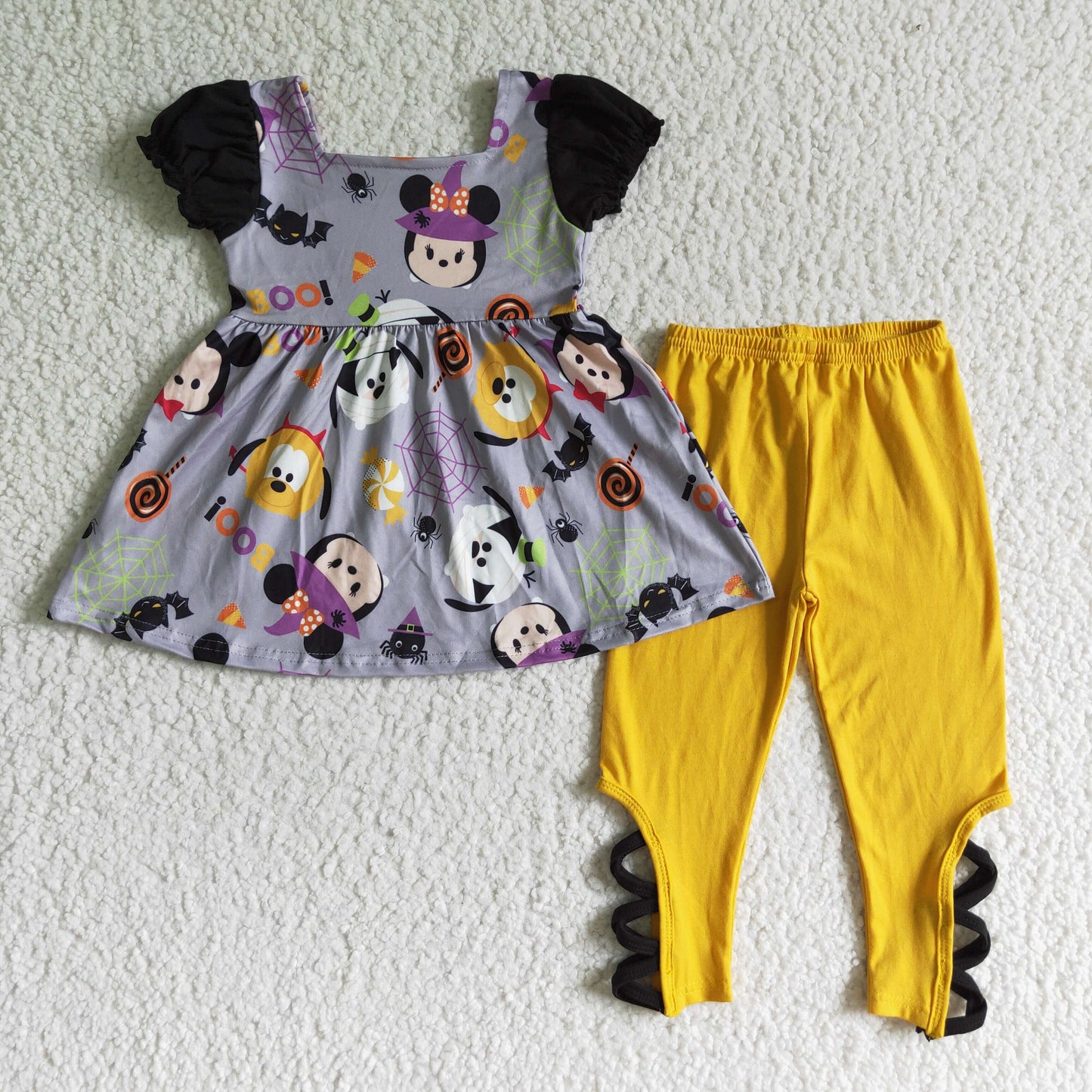 GSPO0157 hallowen girl short sleeve top match yellow leggings 2pieces set