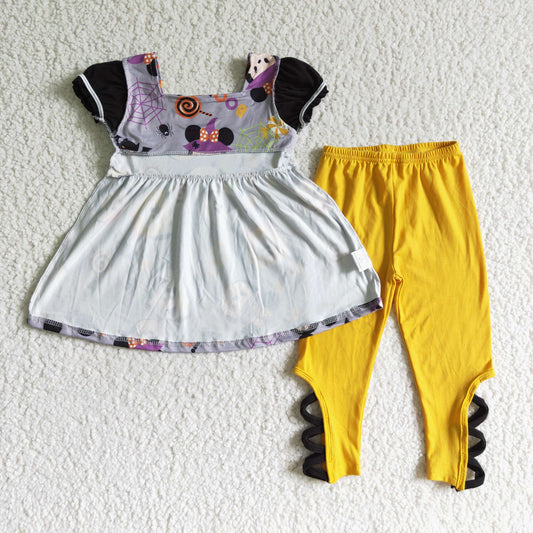 GSPO0157 hallowen girl short sleeve top match yellow leggings 2pieces set