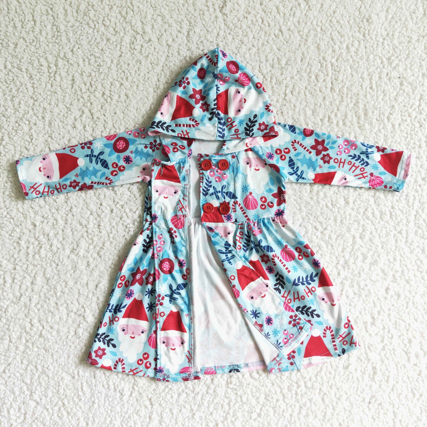 GT0026 girl christmas santa and flowers print long sleeve hooded frock winter outwear