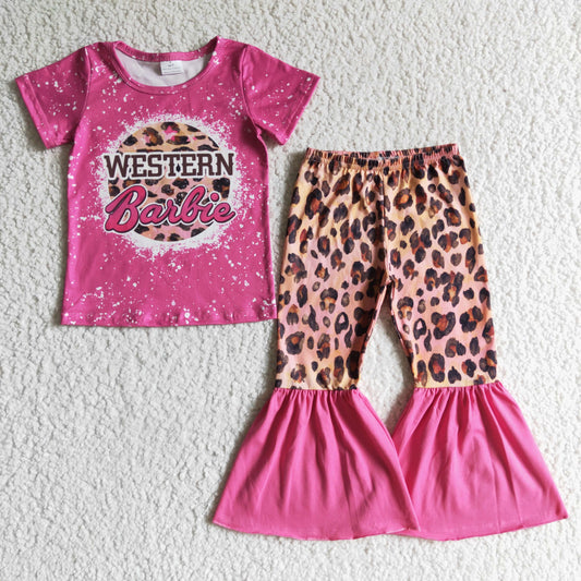 GSPO0125 girl pink short sleeve top leopard stitching bell pants outfit