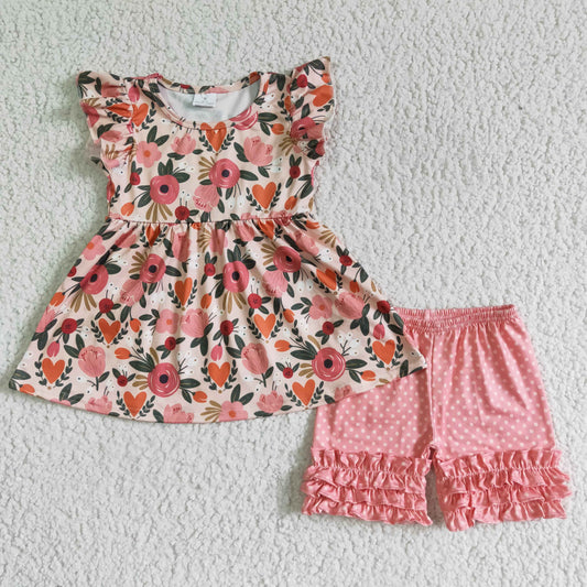 B6-13 girl summer fultter sleeve flowers top match pink icing ruffle white dot shorts