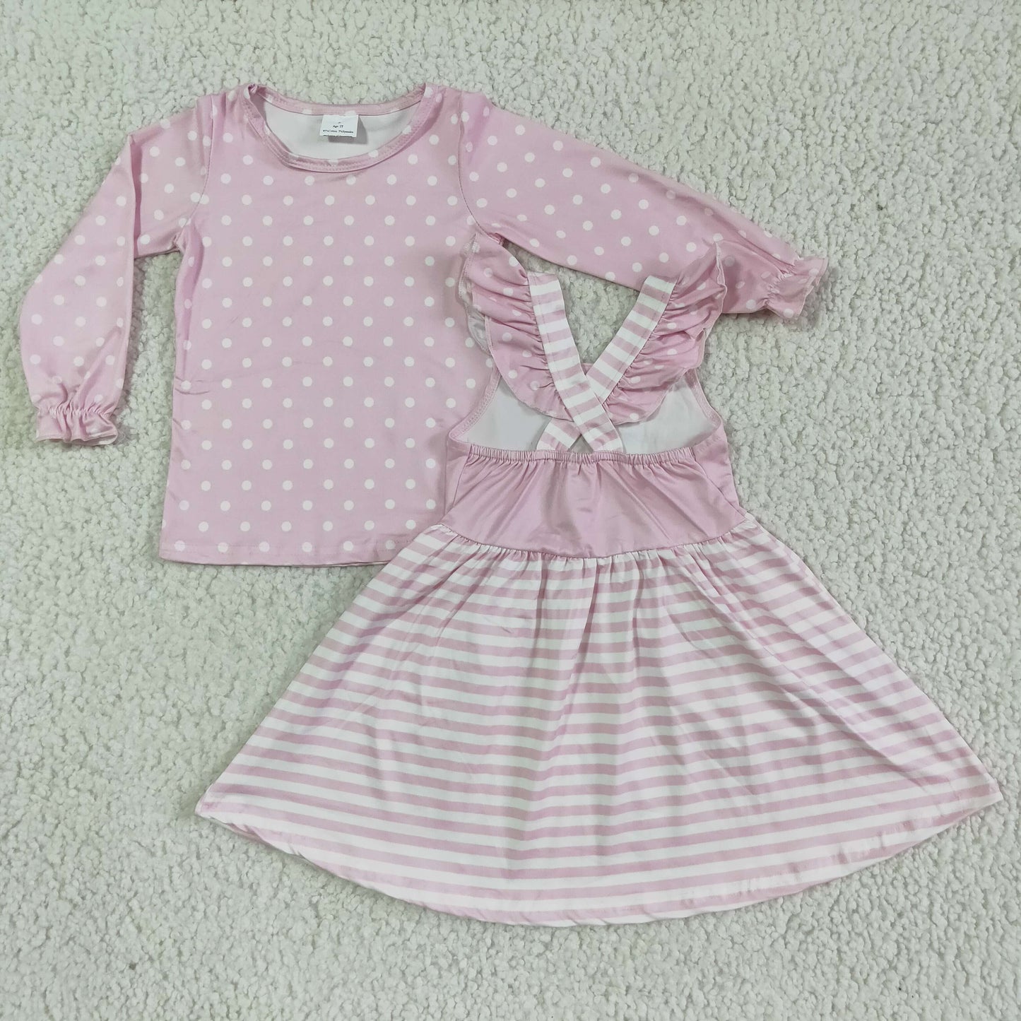 GLD0087 girl christmas pink long sleeve white polka dot top match stripe santa dress 2pieces set