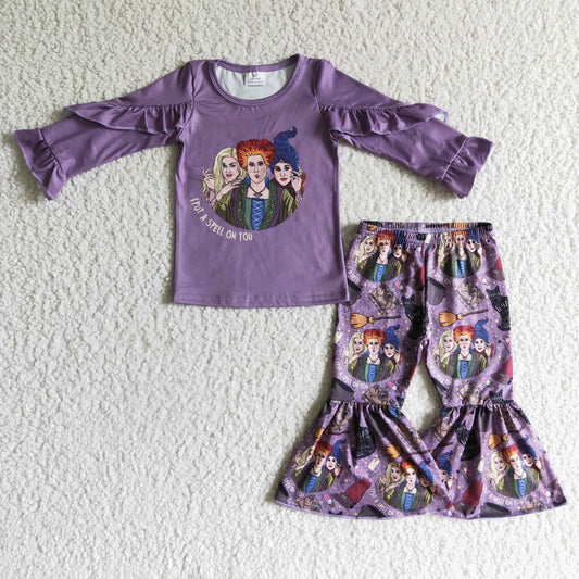 GLP0190 girl fashion long sleeve ruffle top and purple bell pants outfit