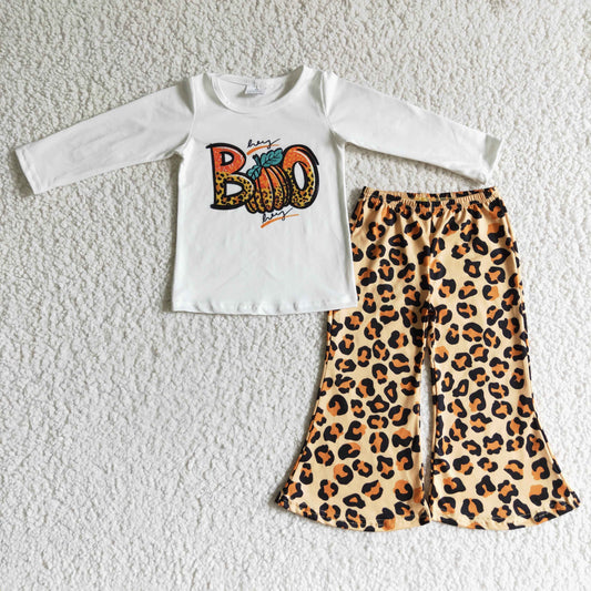 GLP0060 girl pumpkin white long sleeve top match leopard pants halloween outfit