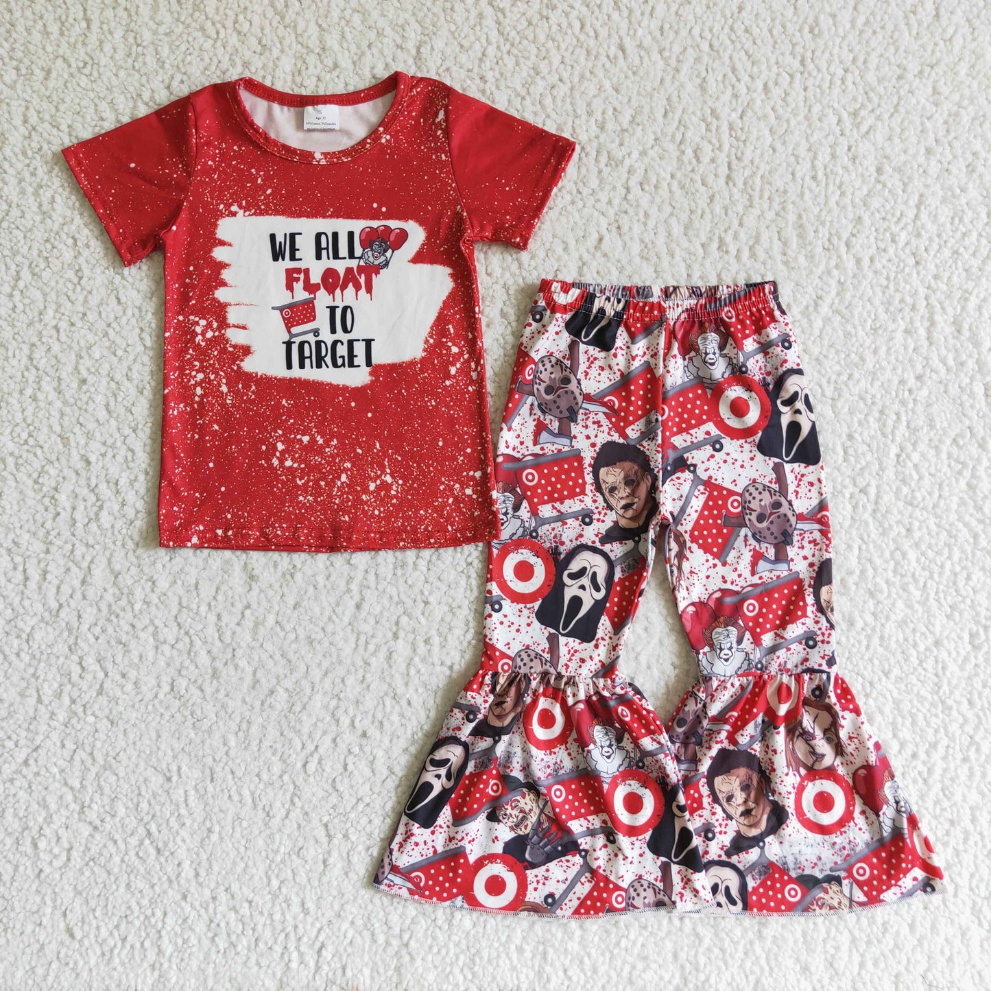 GSPO0148 girl red short sleeve shirt match flare pants 2pieces set