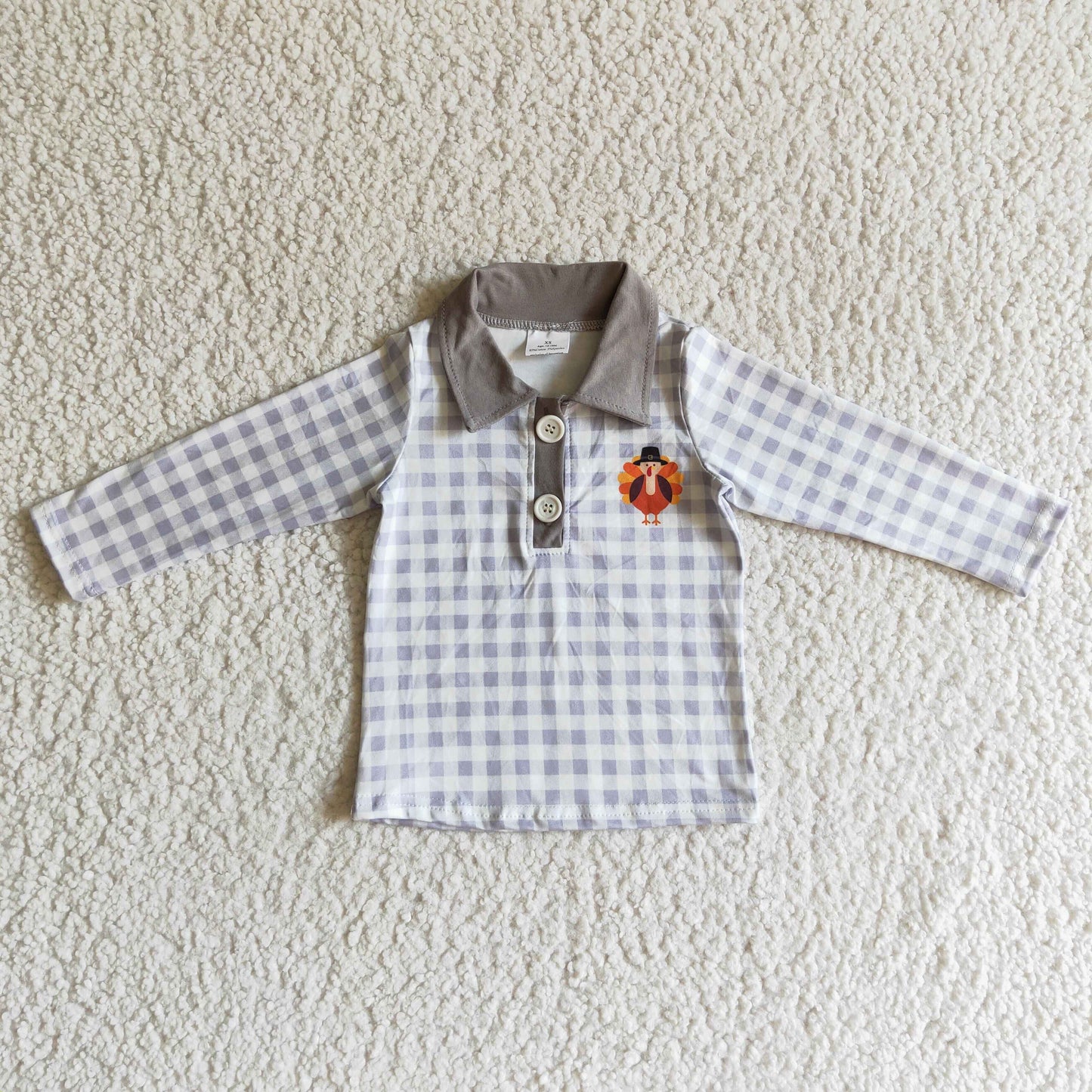 BT0038 boy gray turn-down collar plaid long sleeve top with turkey print