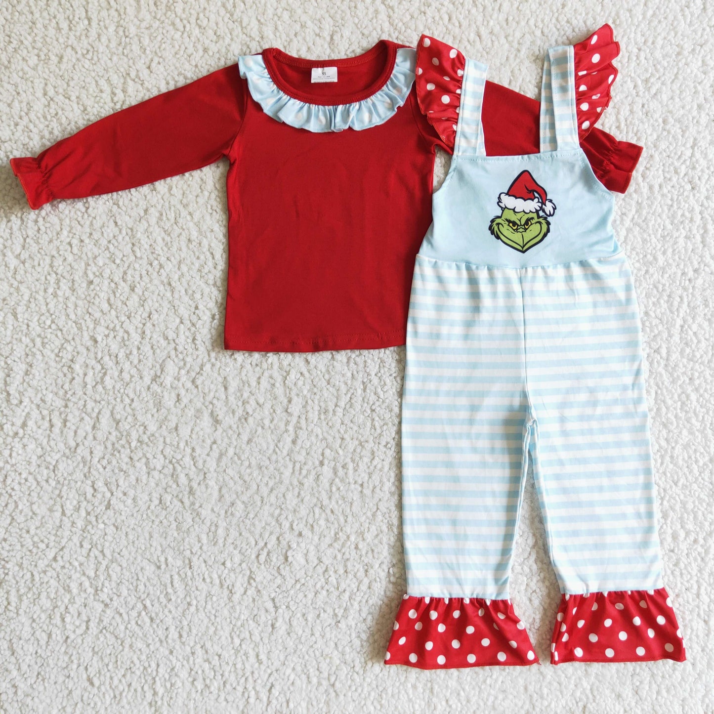 GLP0192 girl red cotton long sleeve top match blue overalls 2pieces set for christmas