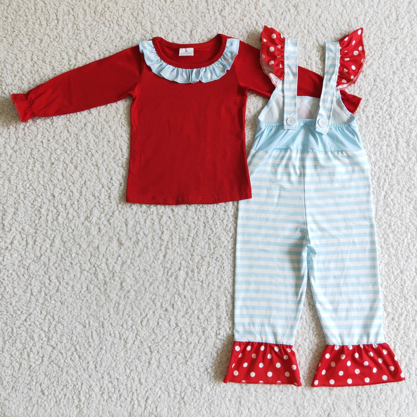 GLP0192 girl red cotton long sleeve top match blue overalls 2pieces set for christmas