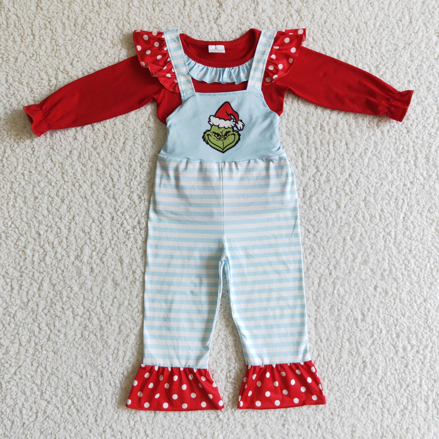 GLP0192 girl red cotton long sleeve top match blue overalls 2pieces set for christmas