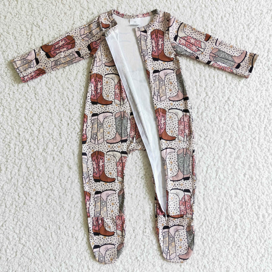 LR0070 infants long sleeve boots pattern romper baby zipper foot wrap bodysuit