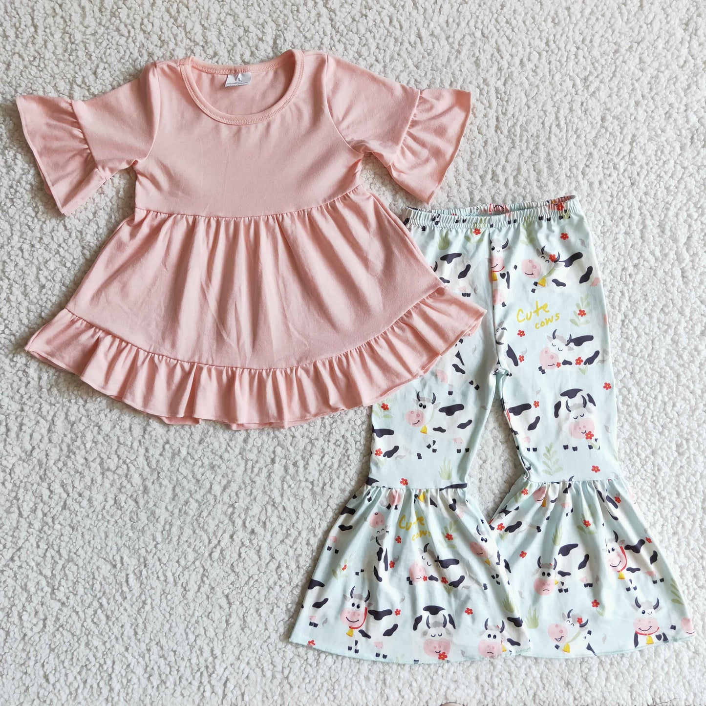 GSPO0115 girl pink short sleeve ruffle top match milk cow farm bell pants set