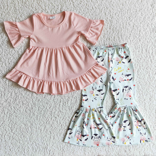 GSPO0115 girl pink short sleeve ruffle top match milk cow farm bell pants set