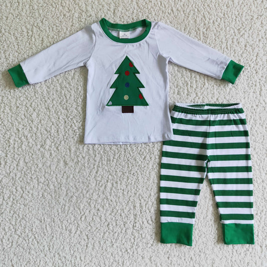 6 A28-15 boy christmas tree embroidery cotton top and stripe pants pajamas set