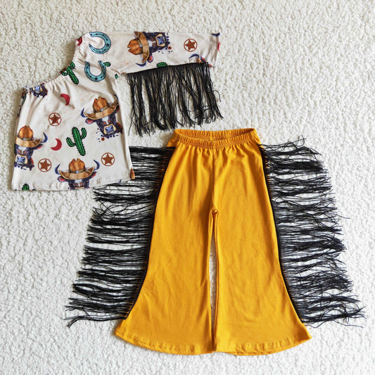 GSPO0142 girl cow and cactus pattern long sleeve top and yellow elastic waist tassel pants