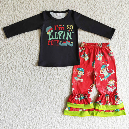 GLP0155 christmas girl black long sleeve shirt match red flare pants 2pieces set