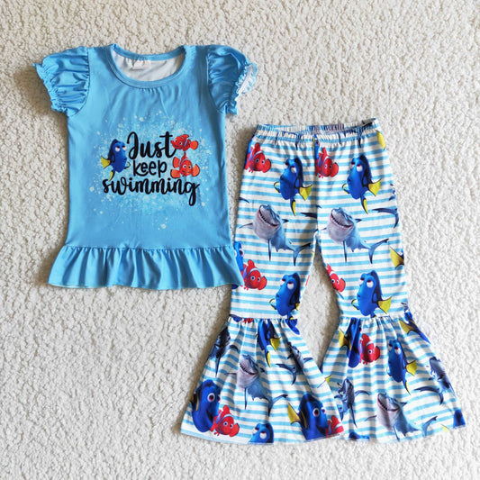 GSPO0147 girl summer blue puff sleeve top and stripe bell pants outfit