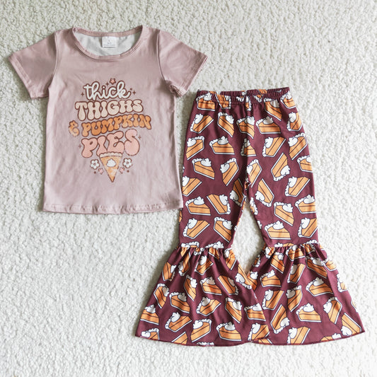 GSPO0185 girl short sleeve shirt and cookies pattern bell bottoms set for thanksgiving