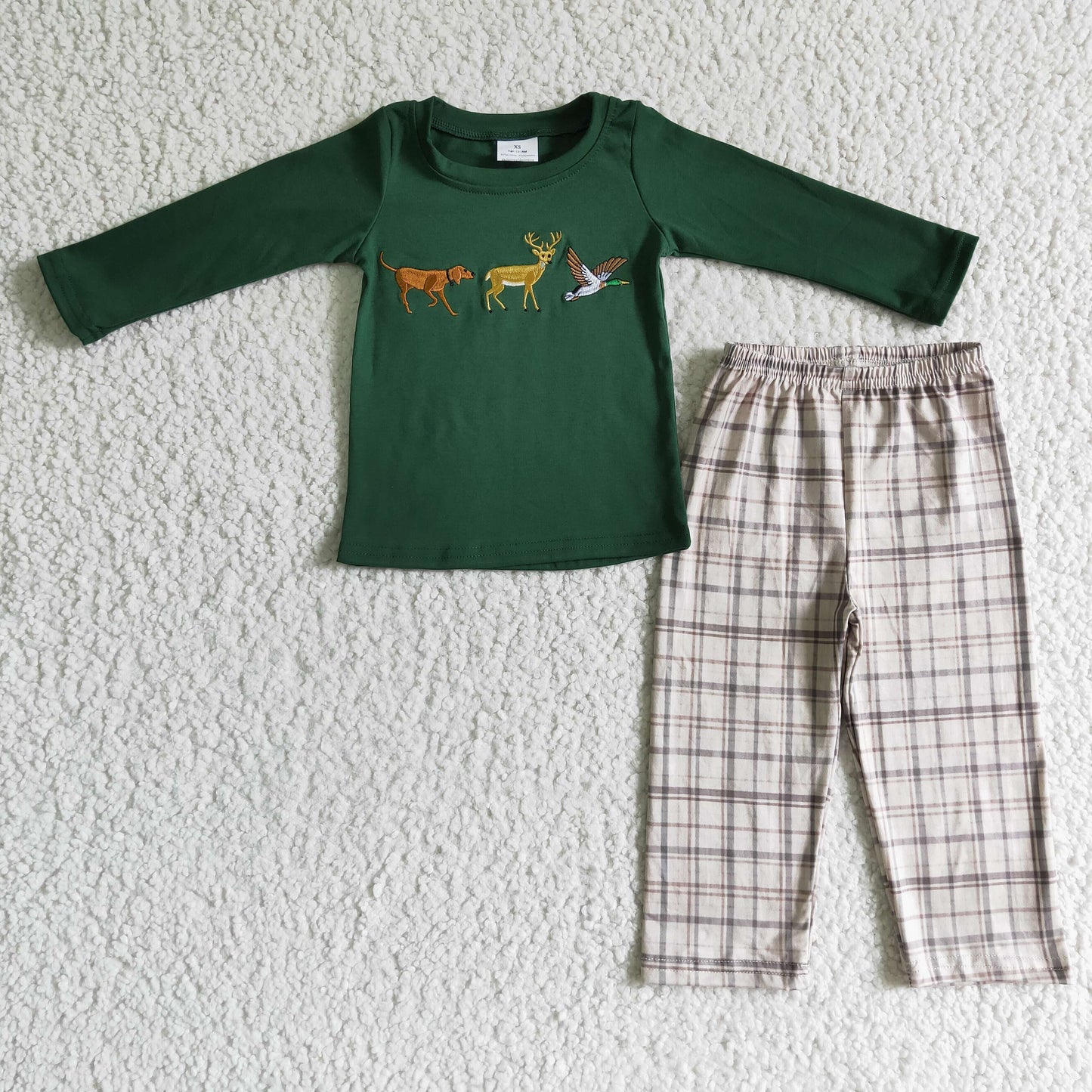 BLP0064 boy fall winter green cotton long sleeve top and plaid pants outfit with embroidery craft