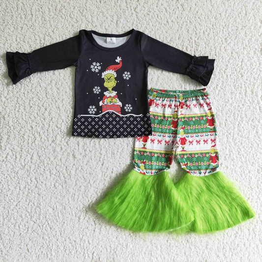 GLP0152 christmas girl black long sleeve top and green bell bottoms outfit