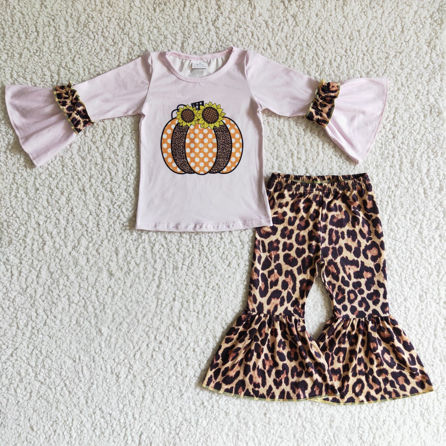 GLP0125 girl pink flare sleeve pumpkin top match leopard bell bottoms 2pieces set