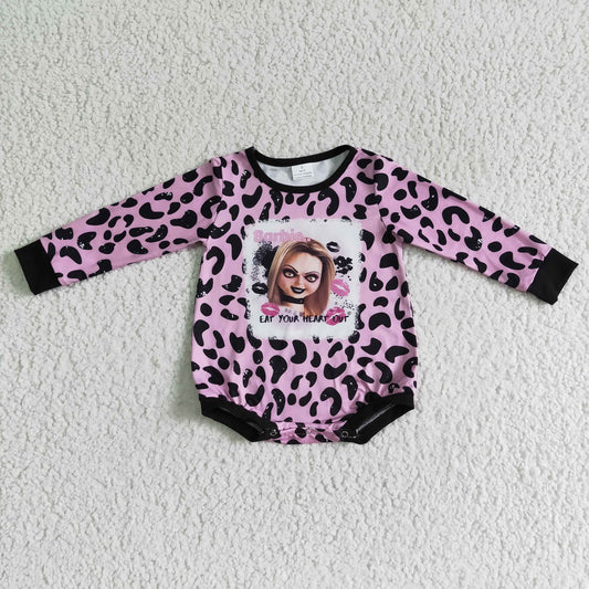 LR0142 baby girls pink leopard long sleeve romper with covered button