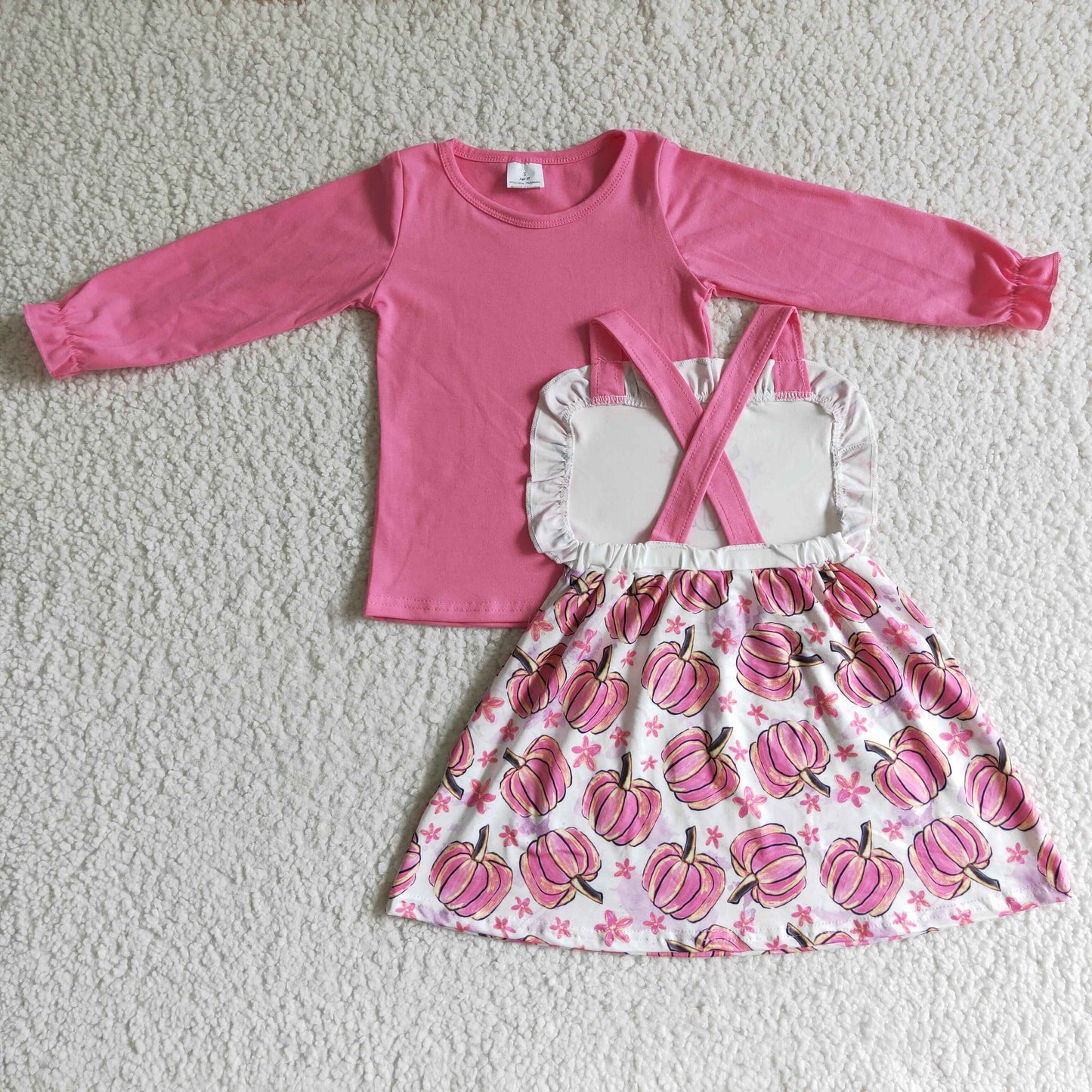 GLD0032 girl pink long sleeve shirt match pumpkin jump dress 2pieces set halloween outfit