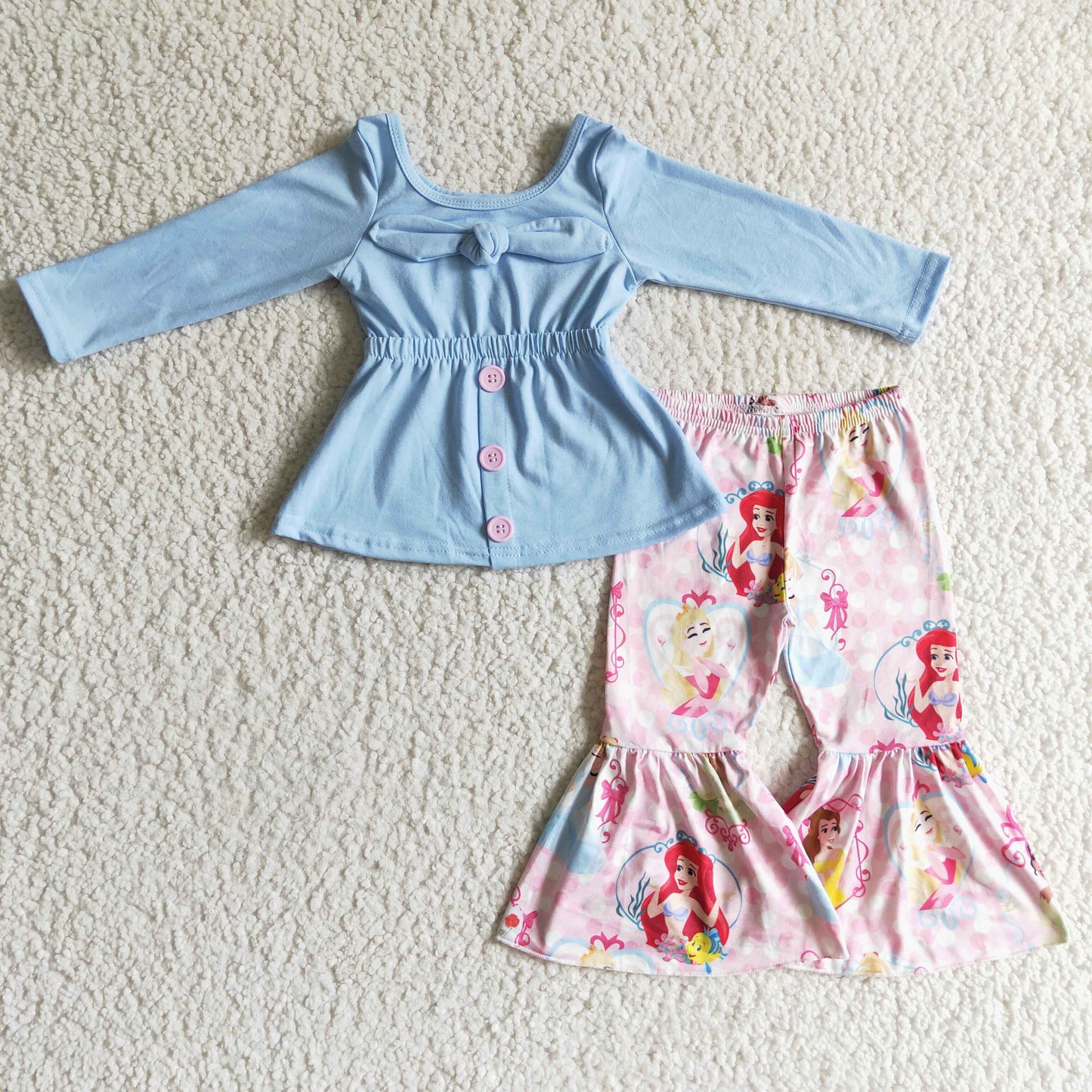 GLP0144 girl blue long sleeve blouses and pink bell pants outfit with bow-tie