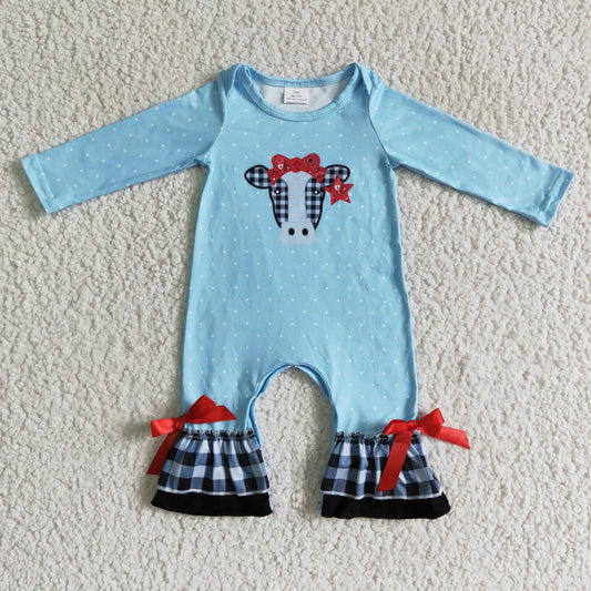 6 A27-2-1 girl blue long sleeve romper for fall infants cow print jumpsuit with red bow-knot