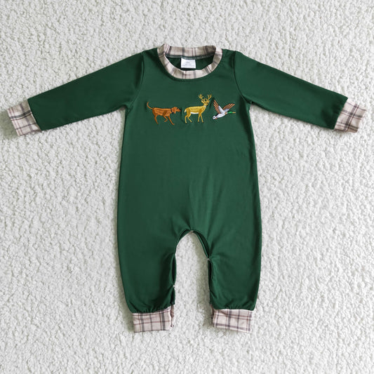 LR0107 baby boy green cotton long sleeve embroidery romper