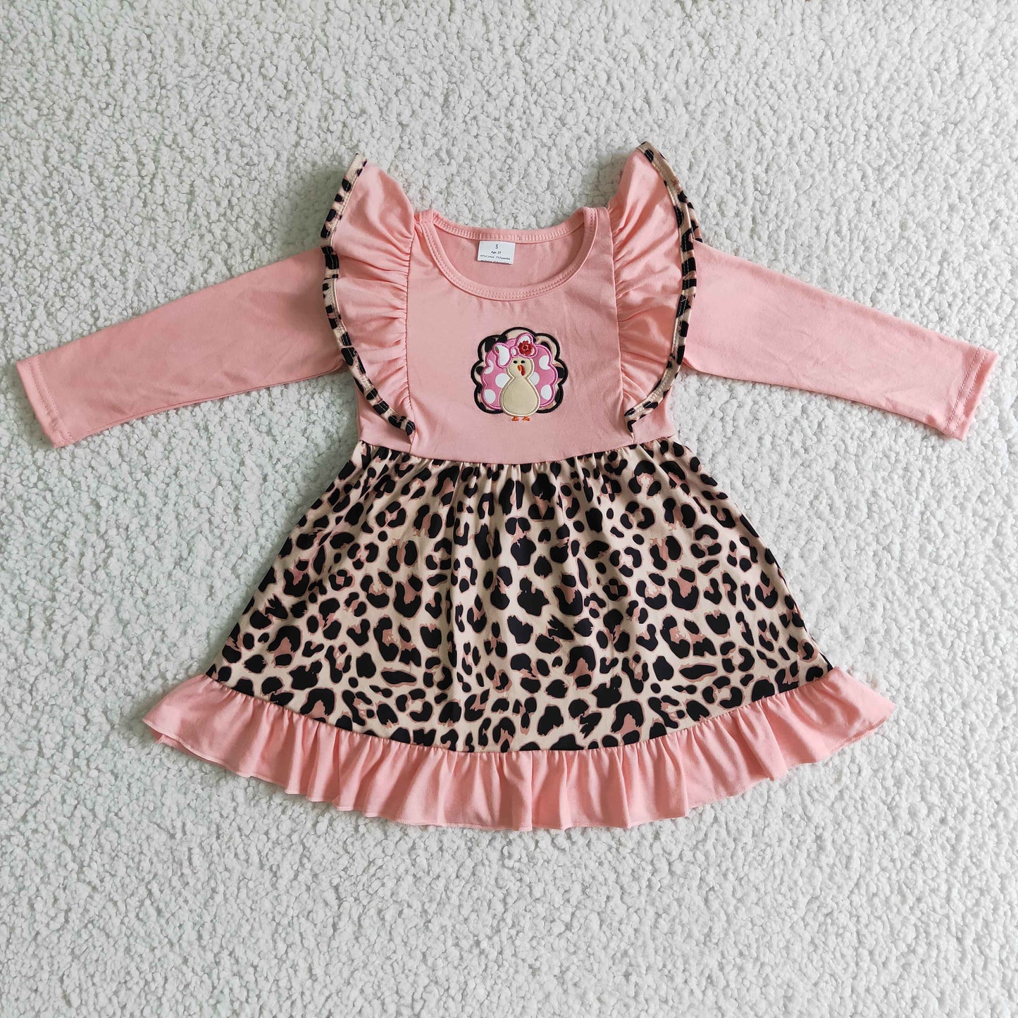 GLD0088 girl pink long sleeve twirl dress turkey embroidery and leopard print frock