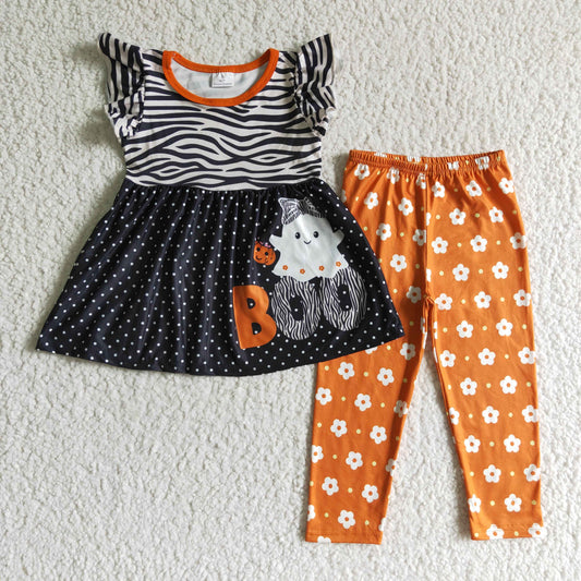 GSPO0169 halloween girl flutter sleeve top and flowers orange pants 2pieces set